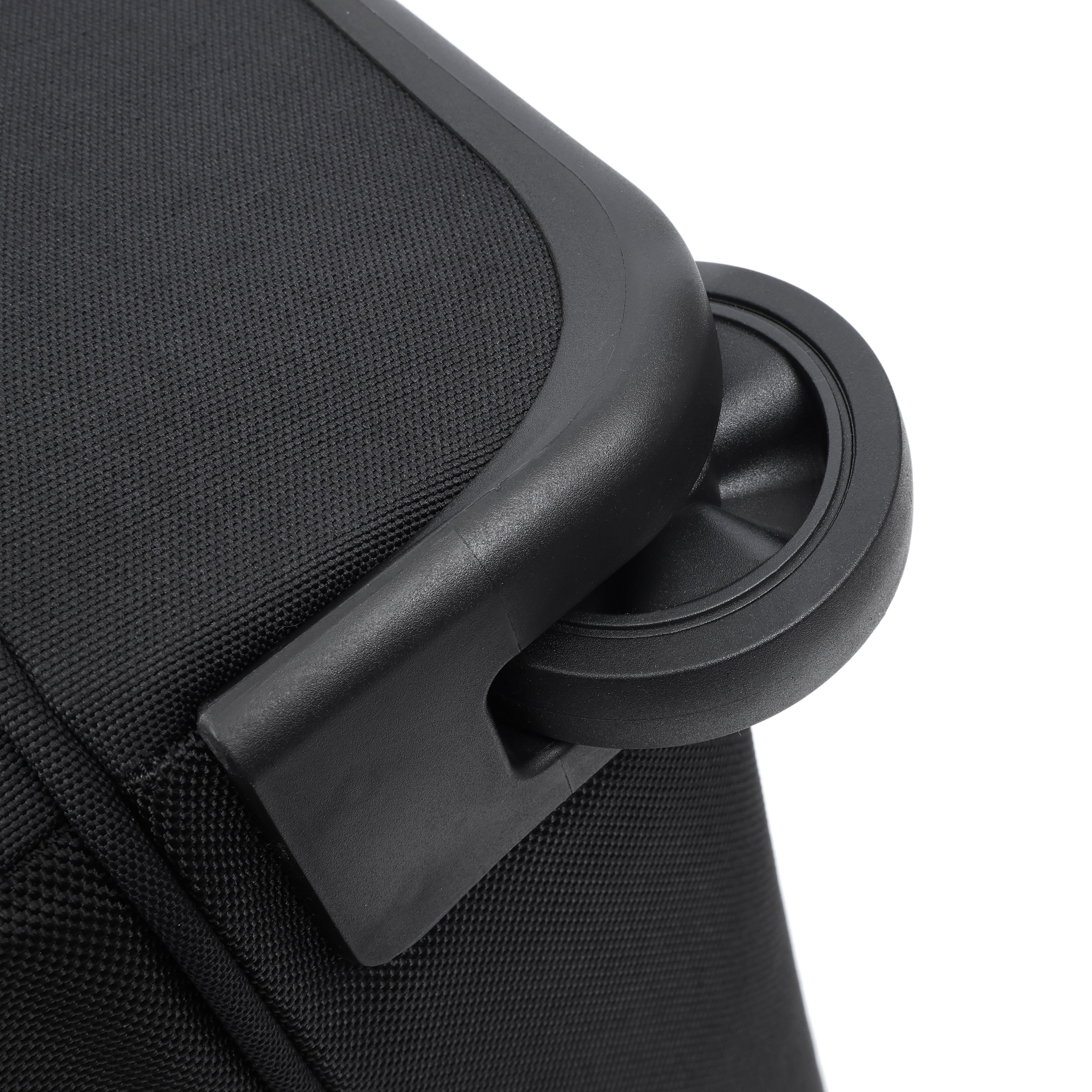 Close up of wheel on Front angled view of Hedgren COMPACT Rolling Duffle in Black