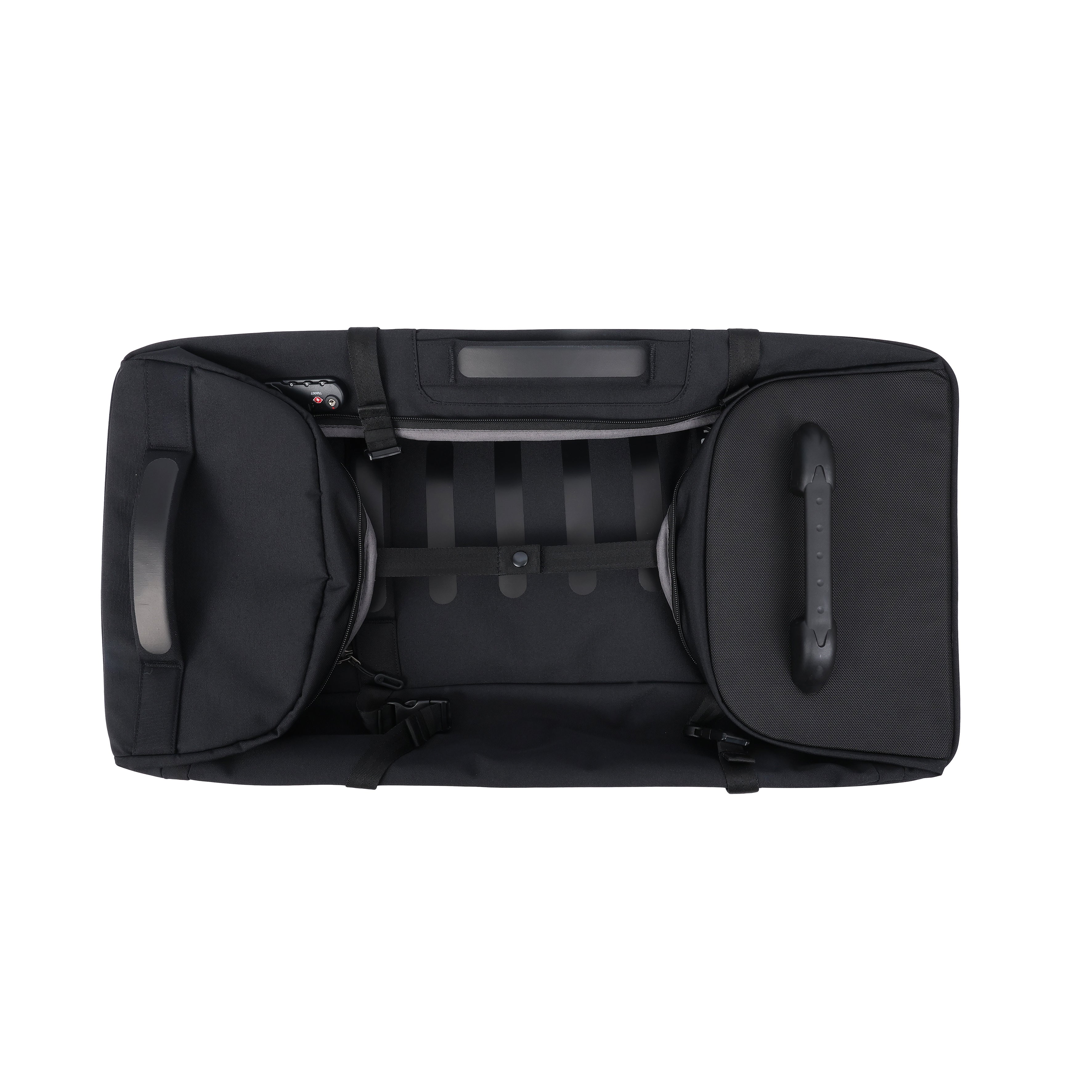 Front angled view of Hedgren COMPACT Rolling Duffle in Black collapsed for storage