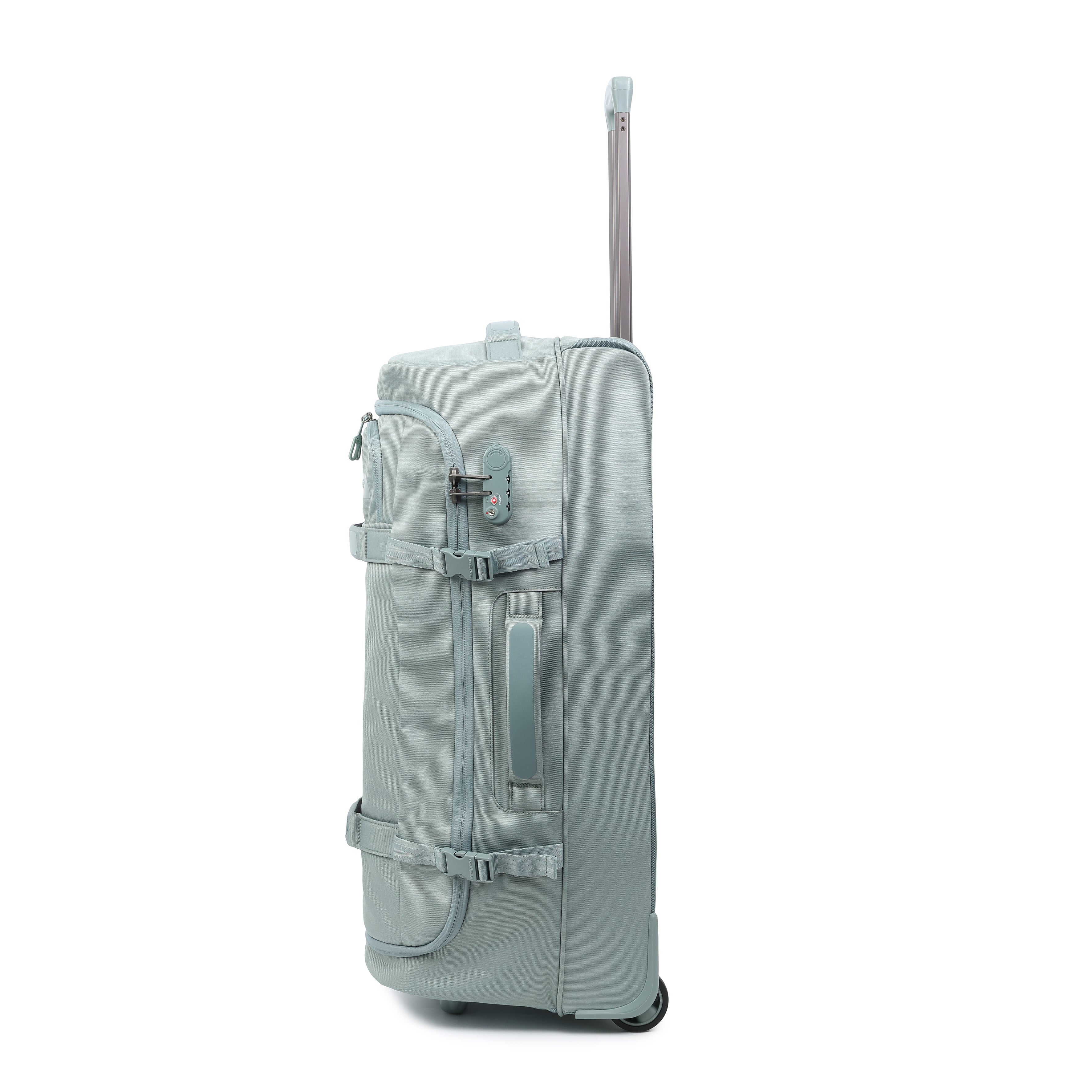 Side view of Front angled view of Hedgren COMPACT Rolling Duffle in Grey Green