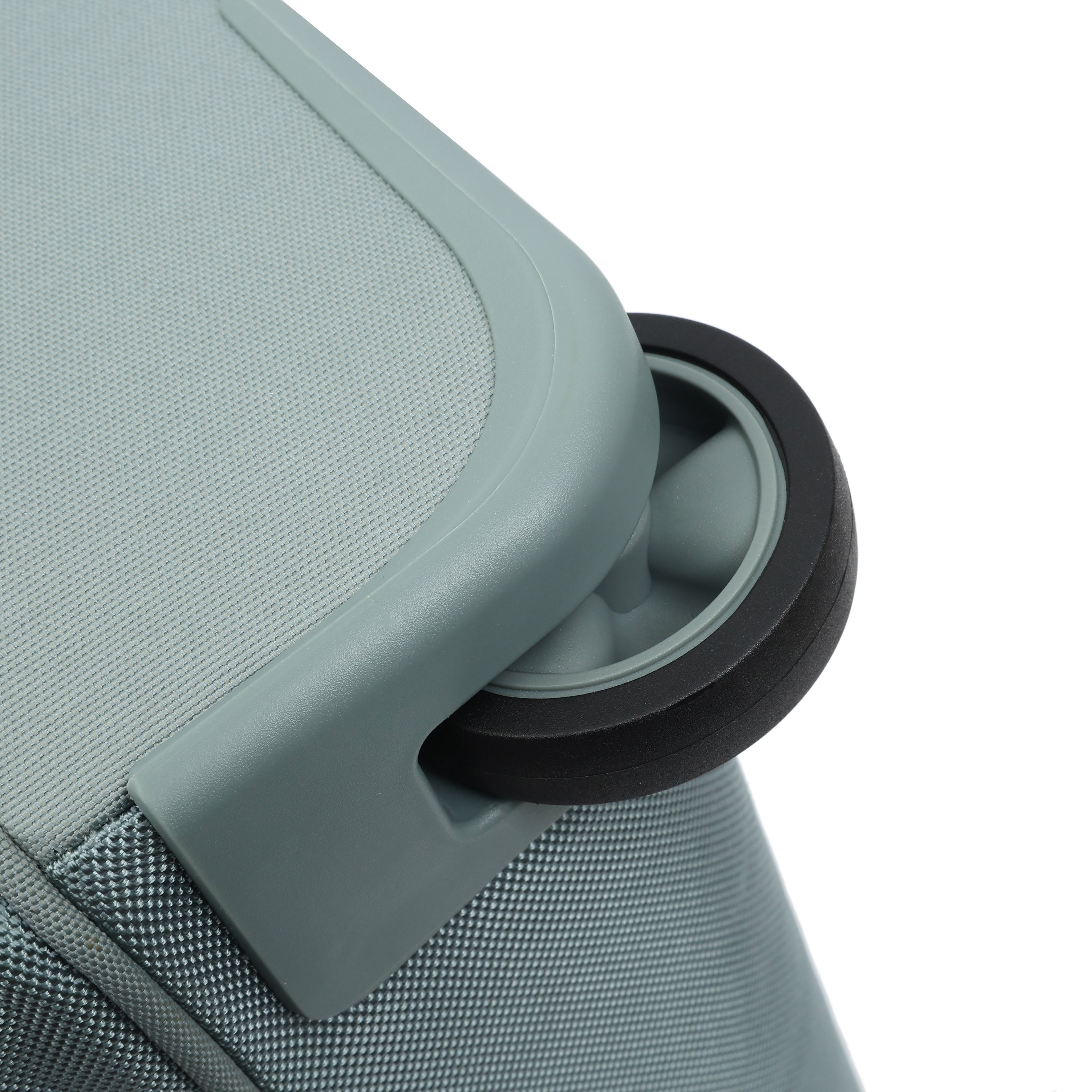 Close up of wheel on Front angled view of Hedgren COMPACT Rolling Duffle in Grey Green