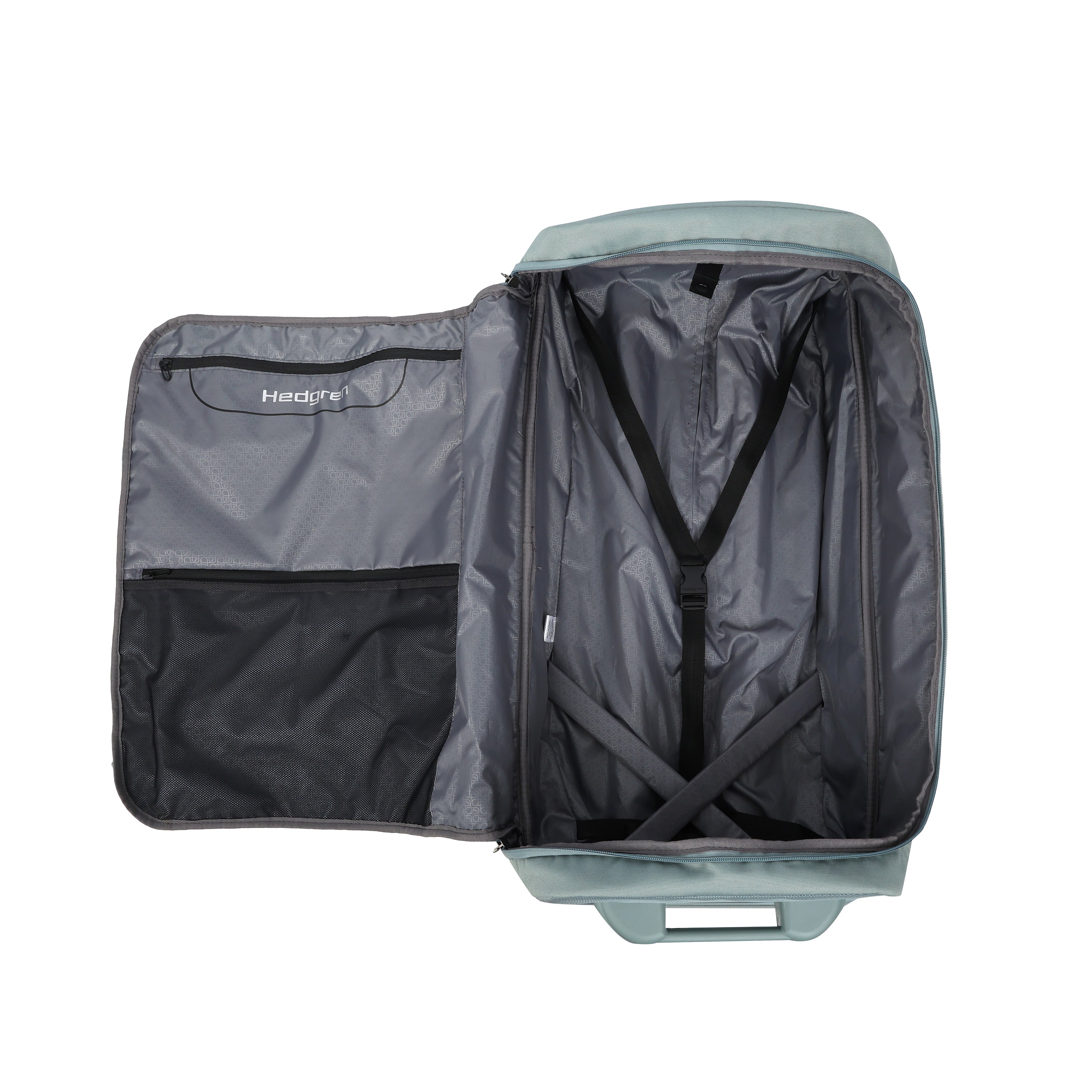 Interior of Front angled view of Hedgren COMPACT Rolling Duffle in Grey Green