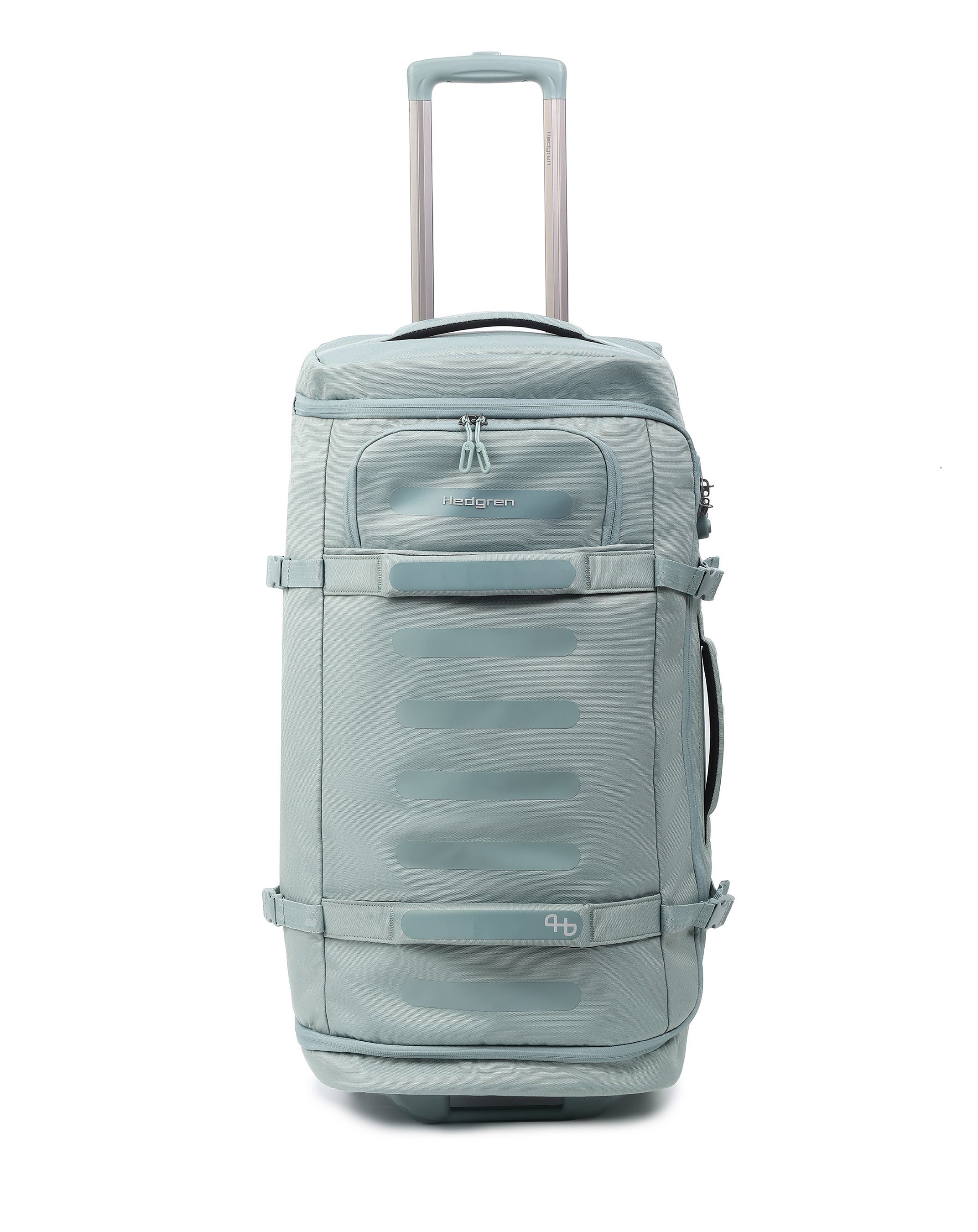 Front angled view of Hedgren COMPACT Rolling Duffle in Grey Green
