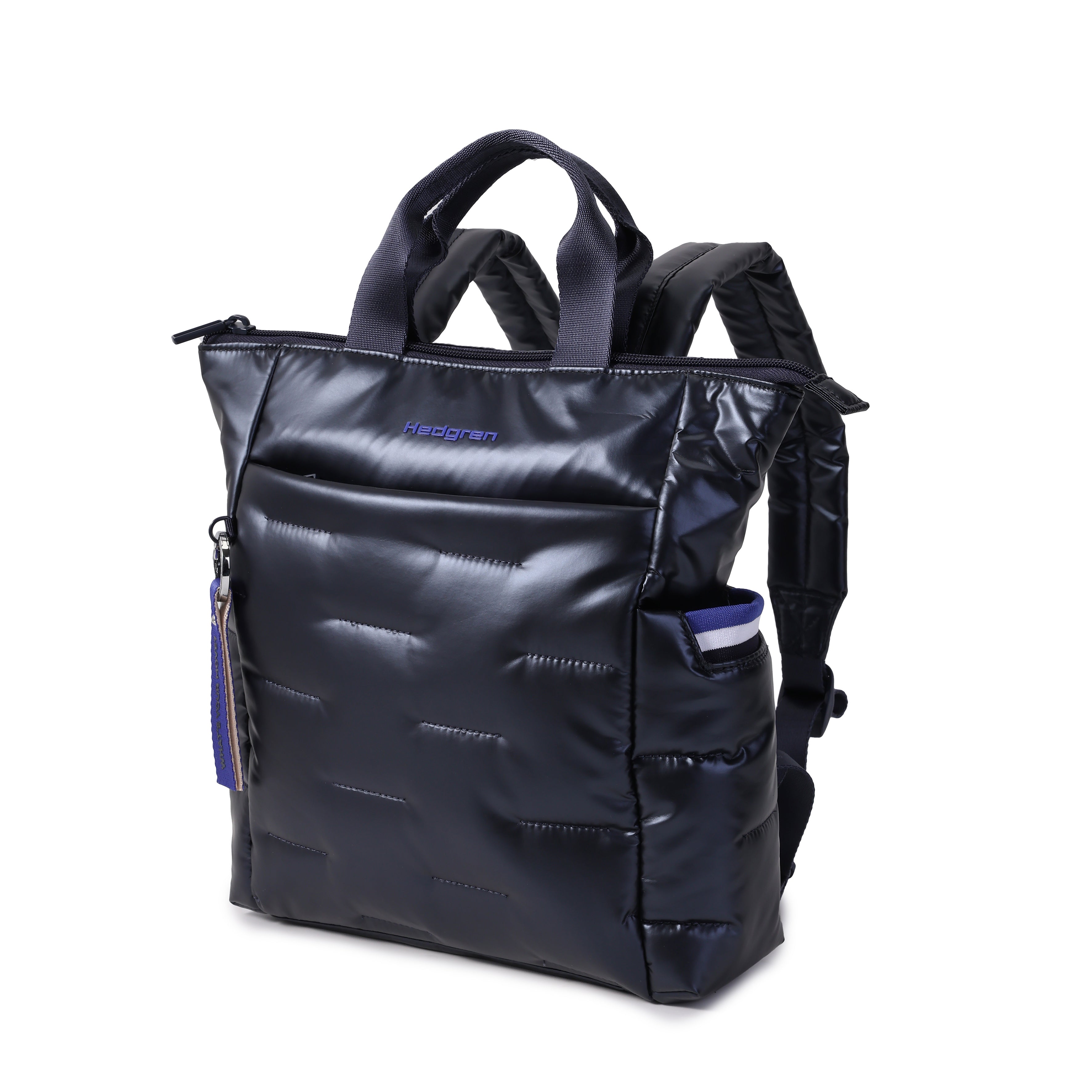 Front angled view of Hedgren COMFY Backpack in Peacoat Blue