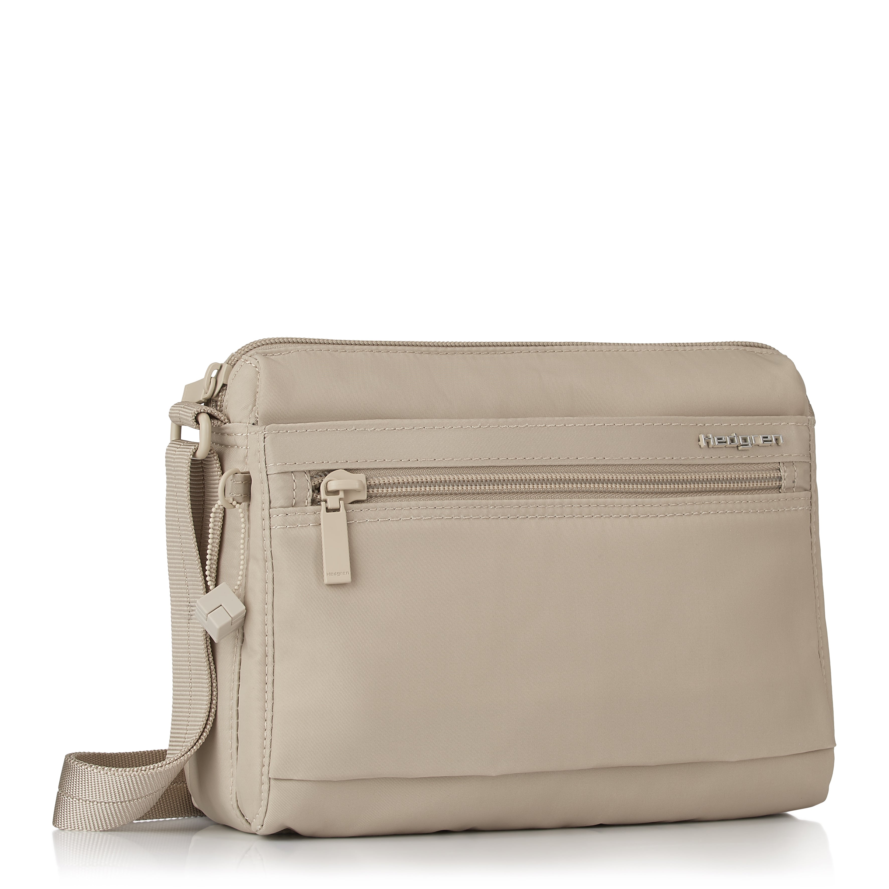 Front angled view of Eye RFID Shoulder Bag #color_cashmere beige