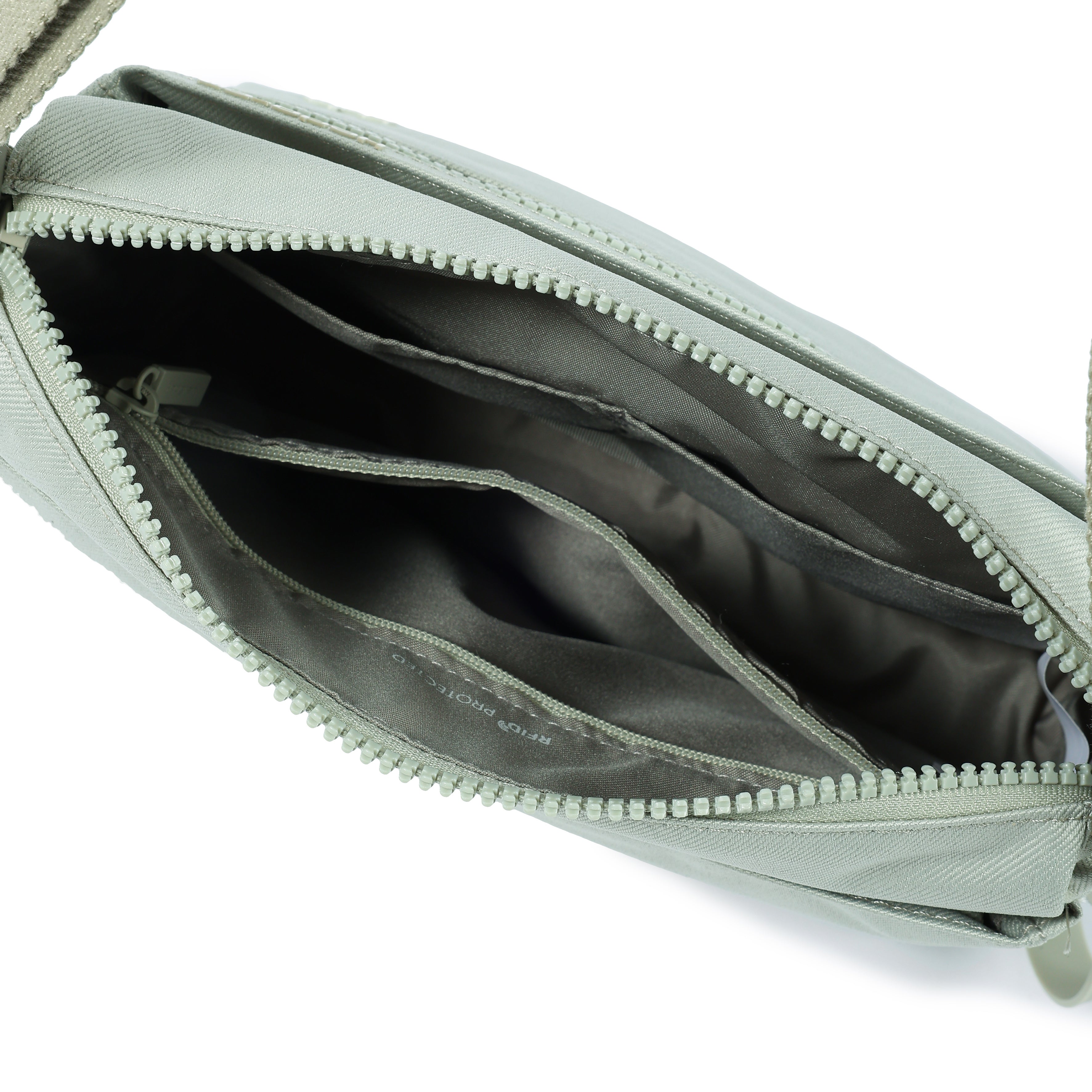 Interior of Eye RFID Shoulder Bag #color_willow grey jean
