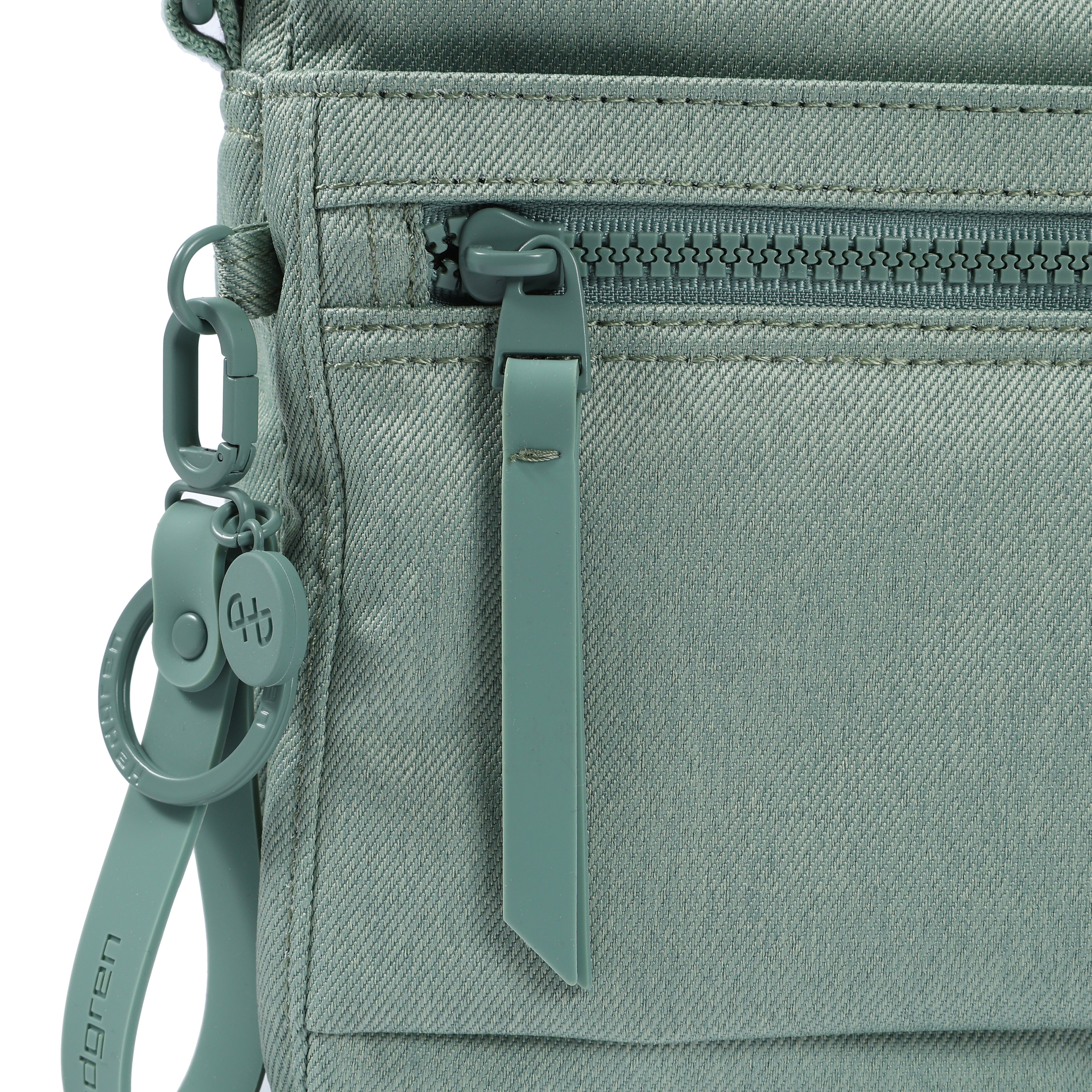 Close up of zipper on Eye RFID Shoulder Bag #color_lily pad jean