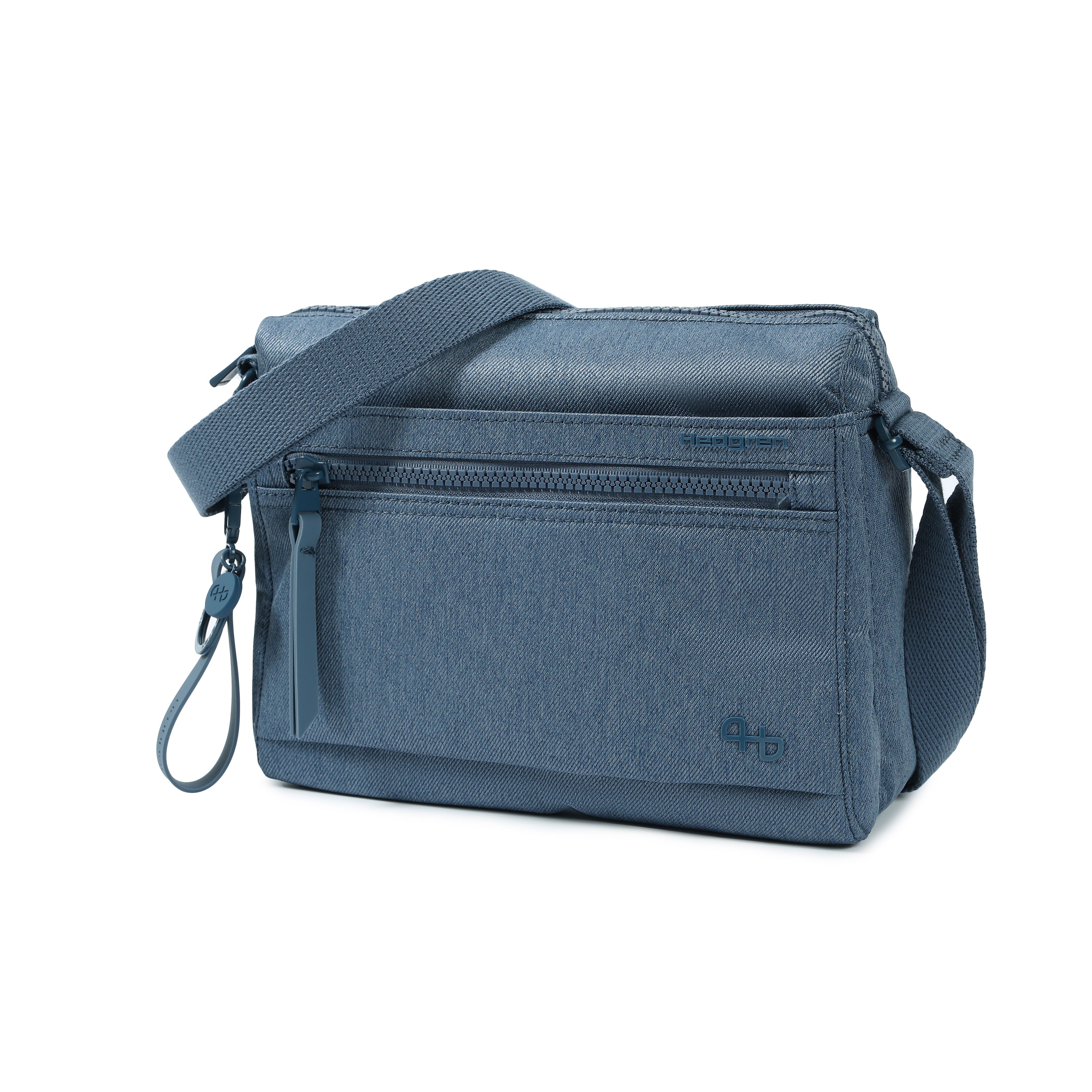 Front angled view of Eye RFID Shoulder Bag #color_vintage indigo jean