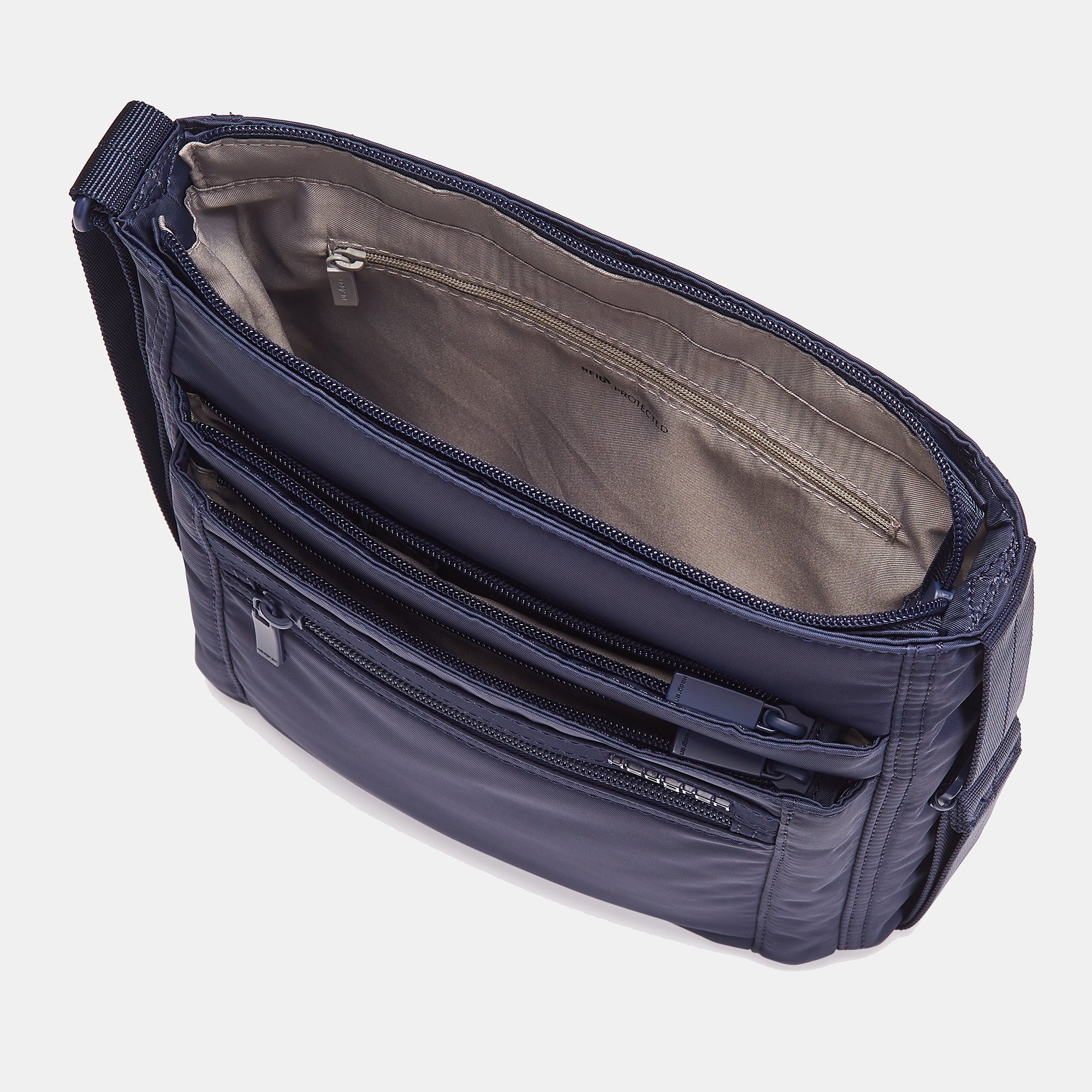 Interior of the Orva RFID Crossbody in total eclipse navy