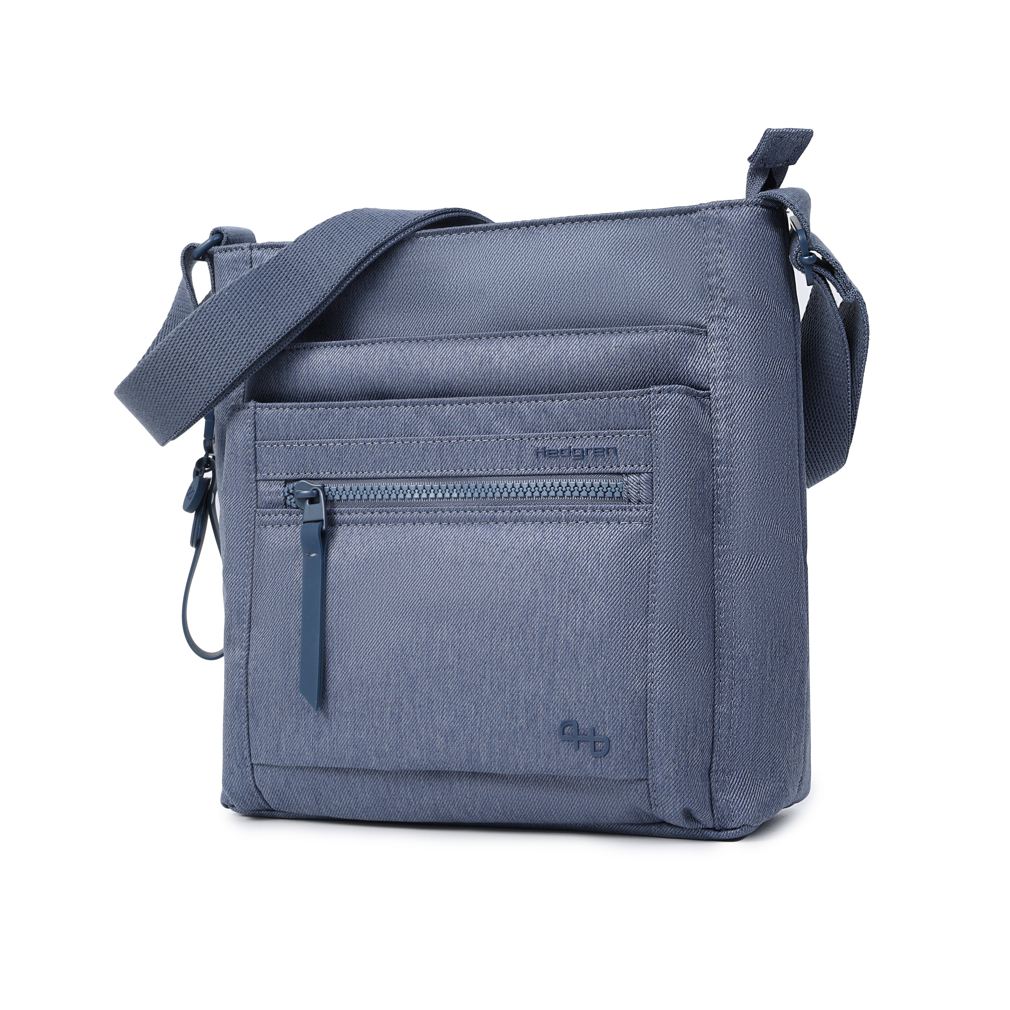 Front angled view of Orva RFID Crossbody #color_vintage indigo jean