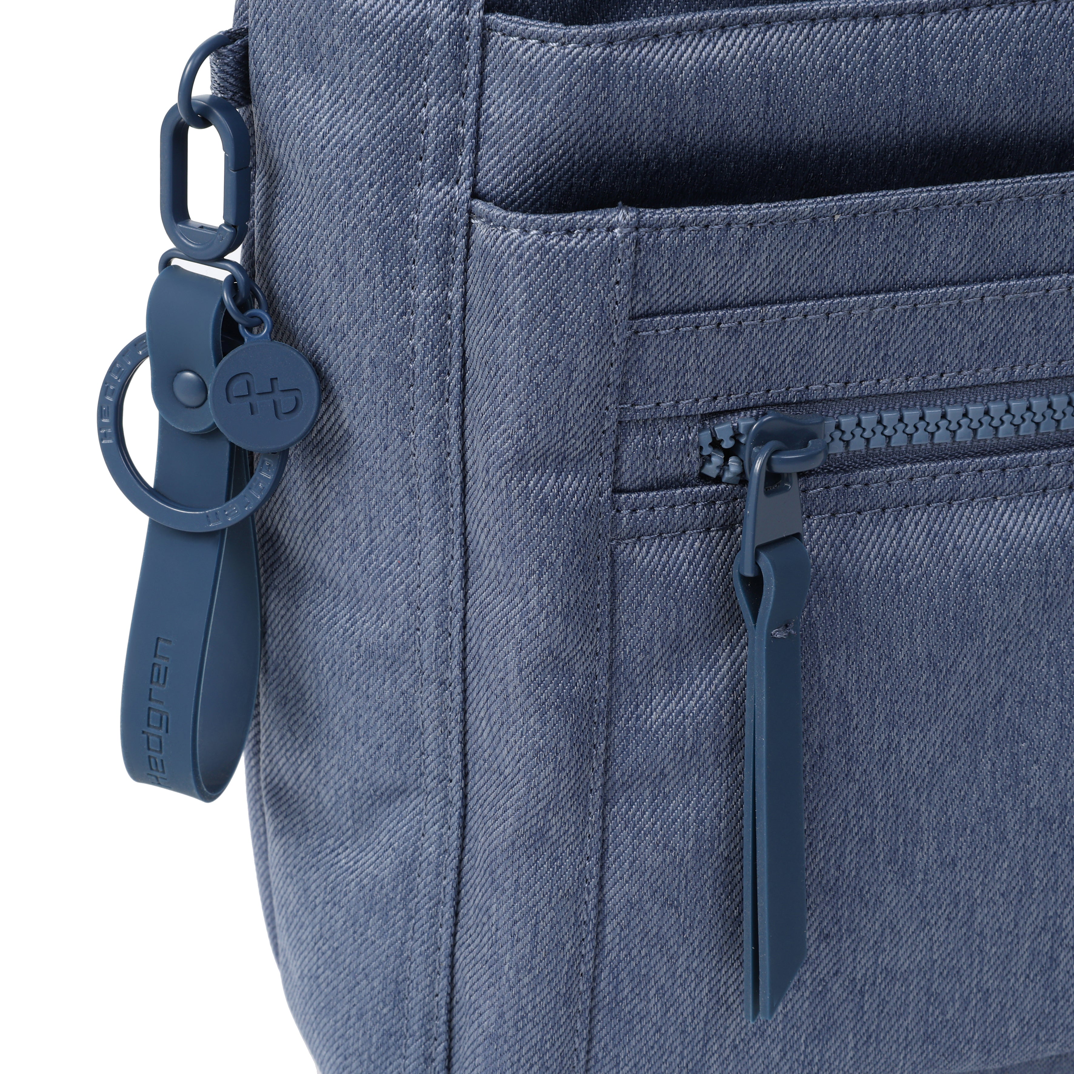Close up of zipper on Orva RFID Crossbody #color_vintage indigo jean