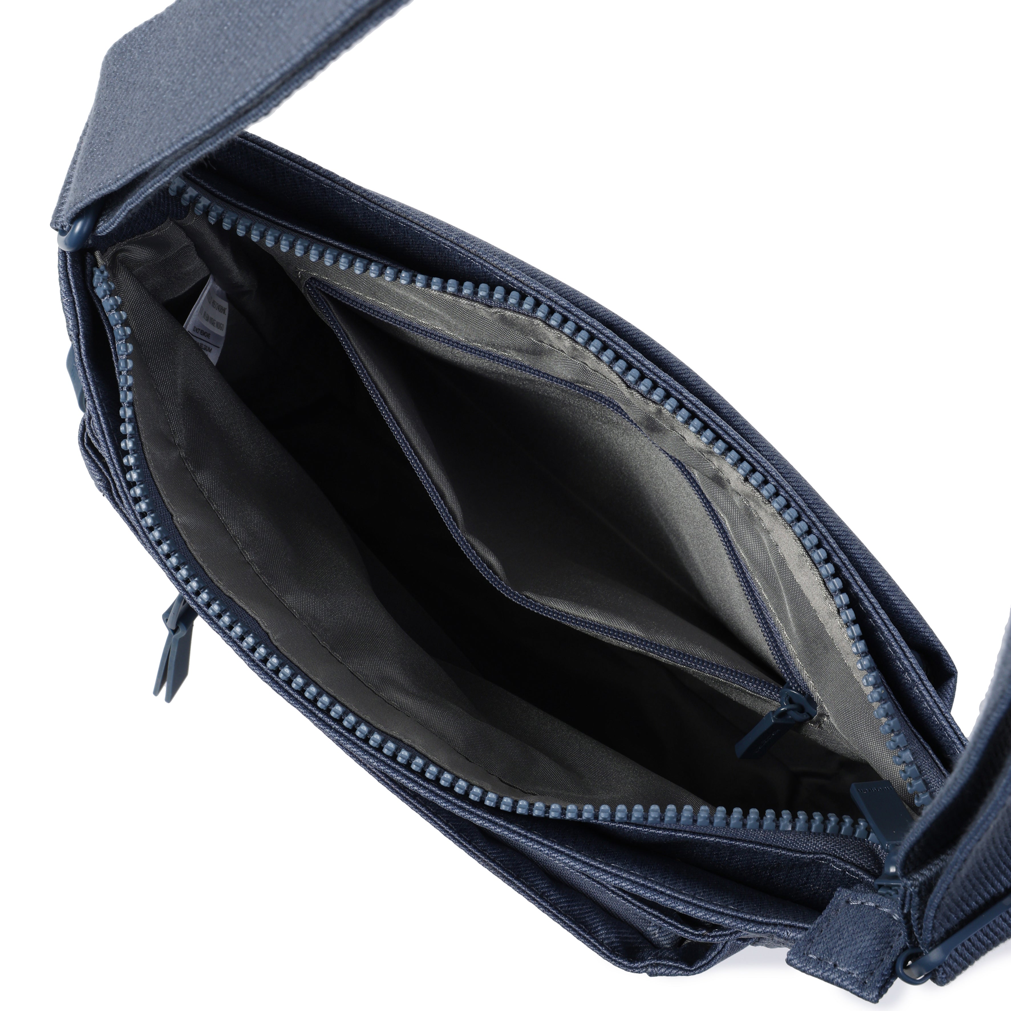 Interior of Orva RFID Crossbody #color_vintage indigo jean