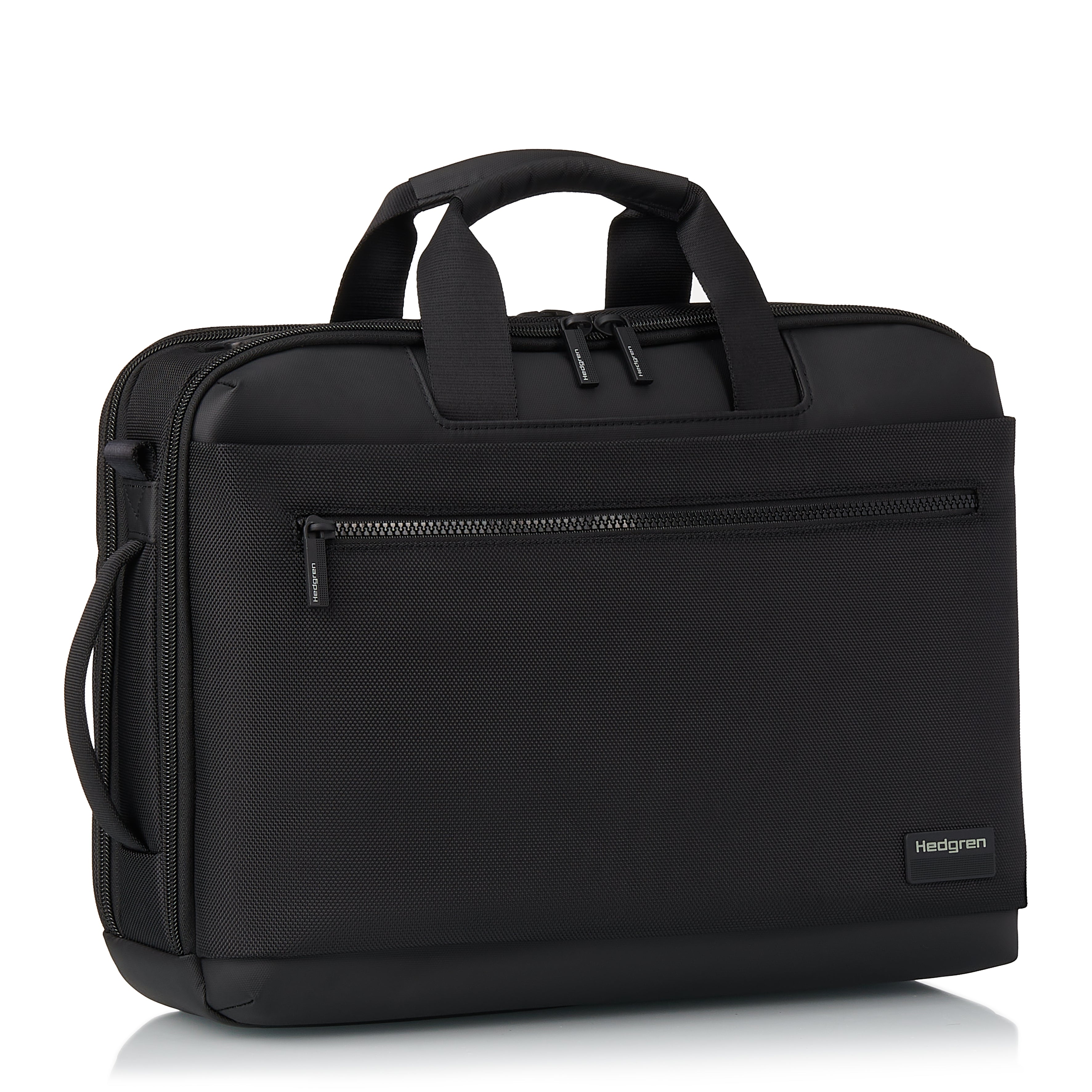 Front angled view of Hedgren DISPLAY Briefcase Backpack in Black
