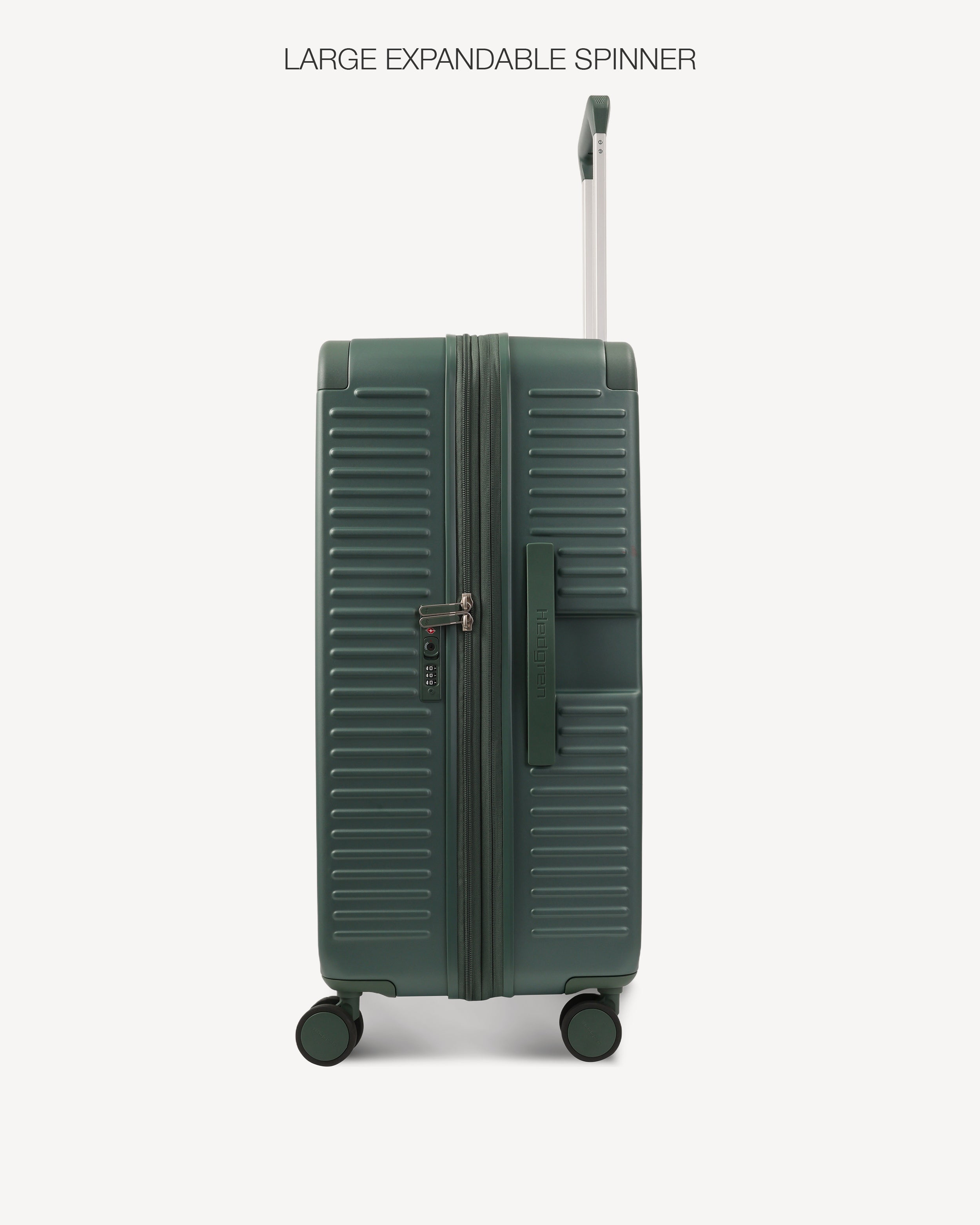 A dark green hardshell spinner suitcase with a telescoping handle extended, shown against a light gray background with the text 'LARGE EXPANDABLE SPINNER' at the top.
