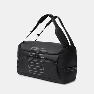 Front angled view of Hedgren's Sojourn Duffle Backpack in Performance Black