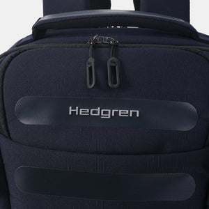 Close up of zipper on Hedgren Trip Medium Travel Backpack in Peacoat Blue