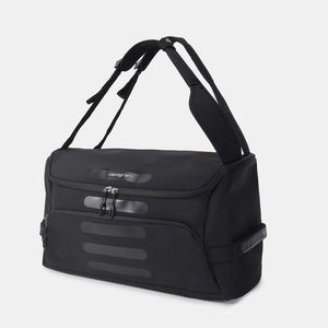 Front angled view of Hedgren's Sojourn Duffle Backpack in Black