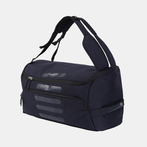 Front angled view of Hedgren's Sojourn Duffle Backpack in Peacoat Blue