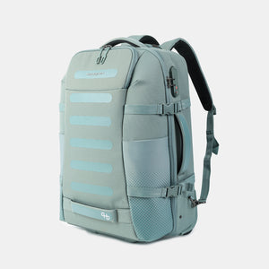 Front angled view of Hedgren Multy Wheeled Backpack in Grey Green