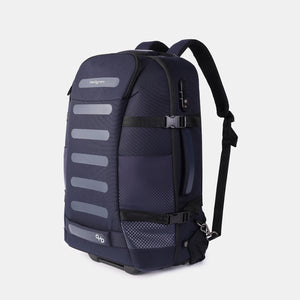 Front angled view of Hedgren Multy Wheeled Backpack in Peacoat Blue