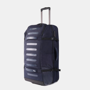 Front angled view of Hedgren Journey Rolling Duffle in Peacoat Blue