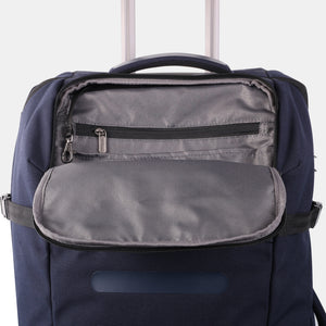 Front exterior pocket Hedgren Journey Rolling Duffle in Peacoat Blue