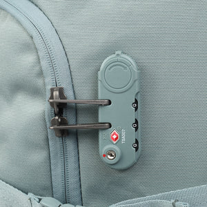 TSA lock on Hedgren's COMPACT rolling duffle in grey green