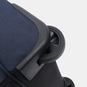 Close up of wheel on Hedgren's COMPACT rolling duffle in peacoat blue