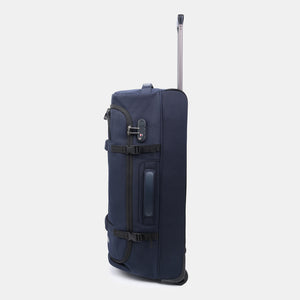 Side view of Hedgren's COMPACT rolling duffle in peacoat blue