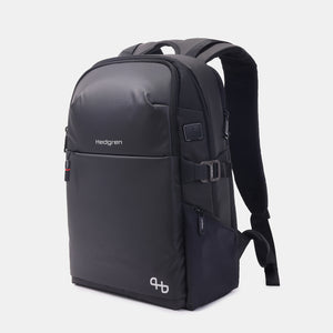 Front angled view of Hedgren's RAIL Laptop Backpack in black