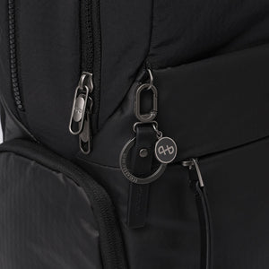 Close up of zipper on Hedgren's TSUTSUMI Diaper Backpack in Black