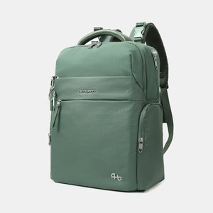 Front angled view of Hedgren's TSUTSUMI Diaper Backpack in Duck Green