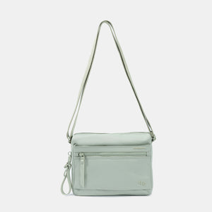 Eye RFID shoulder bag in willow grey with strap extended