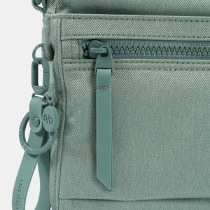 Close up of the zipper on the Eye RFID shoulder bag in lily pad green